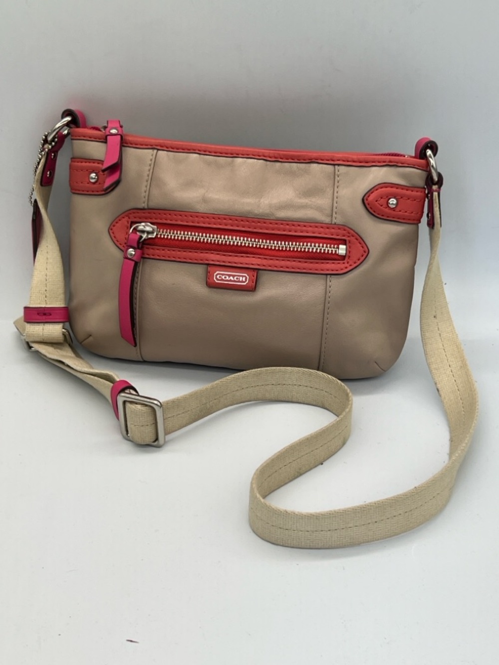 Vintage Coach Beige Crossbody Bag with Coral Trim